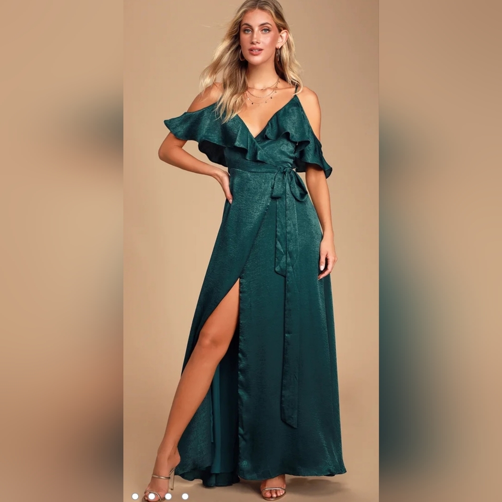 Lulus Moriah Emerald Green Satin Wrap Maxi Dress Size L